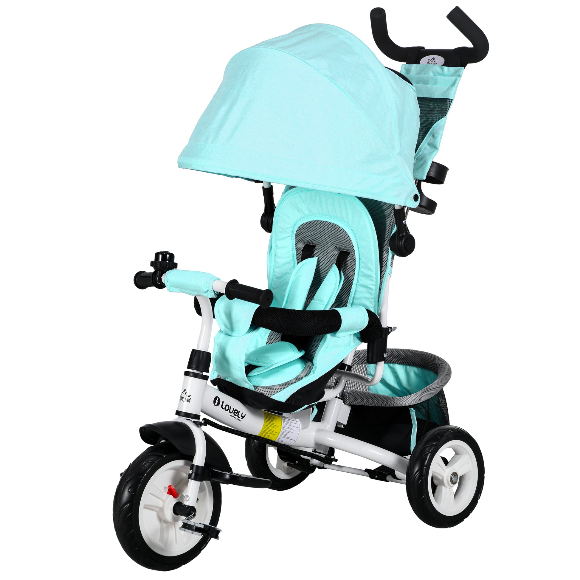 6-in-1 Tricycle with Push Handle, Kids Trike with Removable Sun Canopy, Cushion, Balance Bike with 5-Point Safety Harness, Basket, Cup Holder, for 1-5 Years Kids, Green