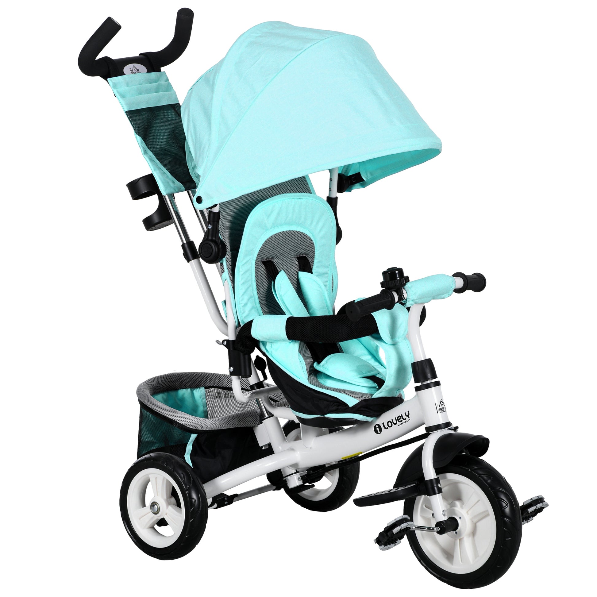 6-in-1 Tricycle with Push Handle, Kids Trike with Removable Sun Canopy, Cushion, Balance Bike with 5-Point Safety Harness, Basket, Cup Holder, for 1-5 Years Kids, Green