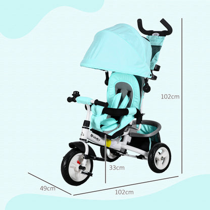 6-in-1 Tricycle with Push Handle, Kids Trike with Removable Sun Canopy, Cushion, Balance Bike with 5-Point Safety Harness, Basket, Cup Holder, for 1-5 Years Kids, Green