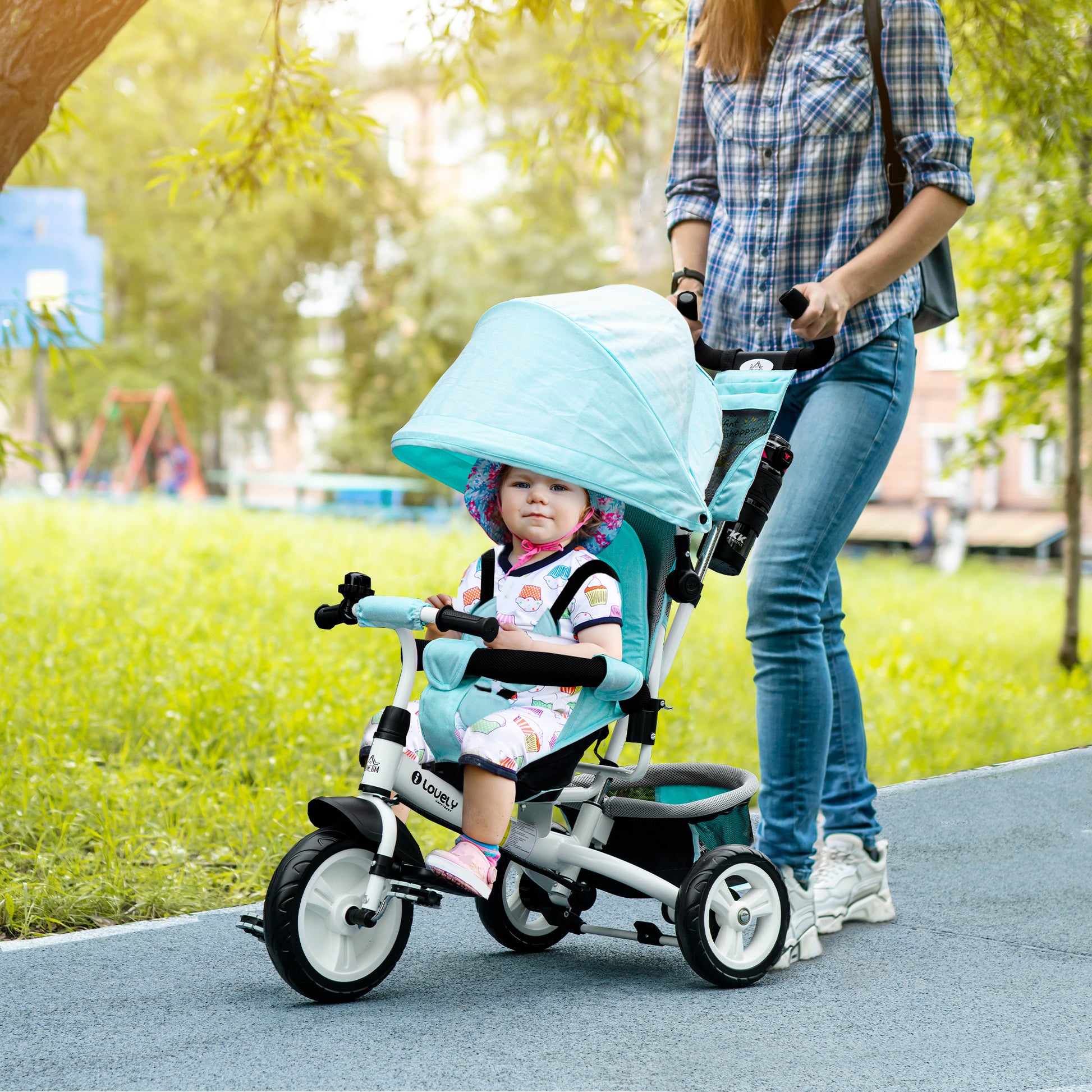 6-in-1 Tricycle with Push Handle, Kids Trike with Removable Sun Canopy, Cushion, Balance Bike with 5-Point Safety Harness, Basket, Cup Holder, for 1-5 Years Kids, Green