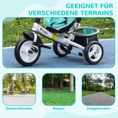 6-in-1 Tricycle with Push Handle, Kids Trike with Removable Sun Canopy, Cushion, Balance Bike with 5-Point Safety Harness, Basket, Cup Holder, for 1-5 Years Kids, Green