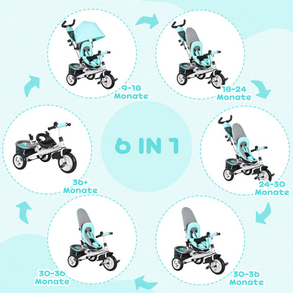 6-in-1 Tricycle with Push Handle, Kids Trike with Removable Sun Canopy, Cushion, Balance Bike with 5-Point Safety Harness, Basket, Cup Holder, for 1-5 Years Kids, Green