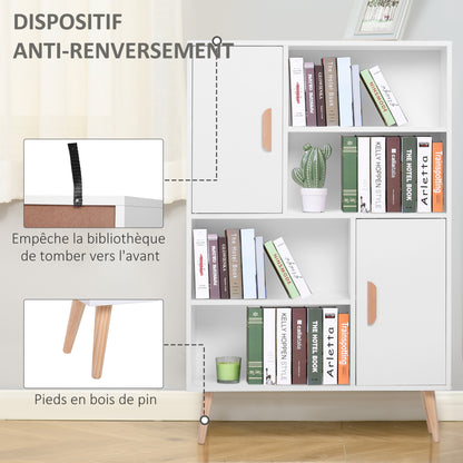 Scandinavian Bookcase 4 Shelves + 2 Cupboards with Adjustable Shelf dim. 80L x 24W x 123H cm Tapered Inclined Legs Solid Pine Particle Boards White