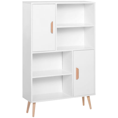 Scandinavian Bookcase 4 Shelves + 2 Cupboards with Adjustable Shelf dim. 80L x 24W x 123H cm Tapered Inclined Legs Solid Pine Particle Boards White