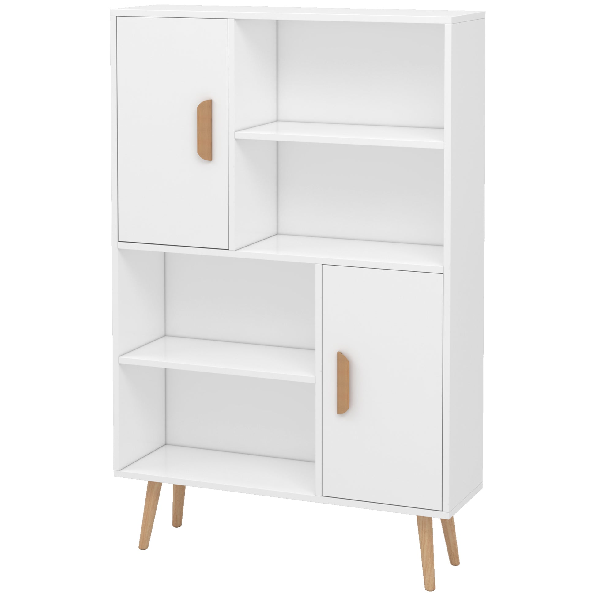 Scandinavian Bookcase 4 Shelves + 2 Cupboards with Adjustable Shelf dim. 80L x 24W x 123H cm Tapered Inclined Legs Solid Pine Particle Boards White