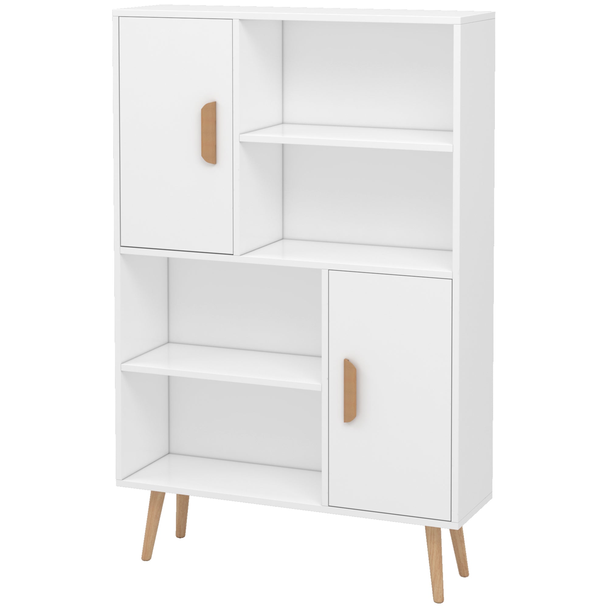 Scandinavian Bookcase 4 Shelves + 2 Cupboards with Adjustable Shelf dim. 80L x 24W x 123H cm Tapered Inclined Legs Solid Pine Particle Boards White