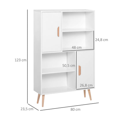 Scandinavian Bookcase 4 Shelves + 2 Cupboards with Adjustable Shelf dim. 80L x 24W x 123H cm Tapered Inclined Legs Solid Pine Particle Boards White
