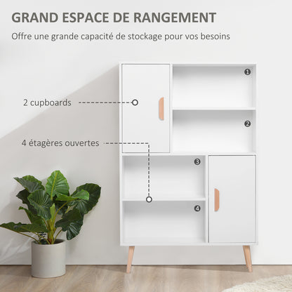 Scandinavian Bookcase 4 Shelves + 2 Cupboards with Adjustable Shelf dim. 80L x 24W x 123H cm Tapered Inclined Legs Solid Pine Particle Boards White