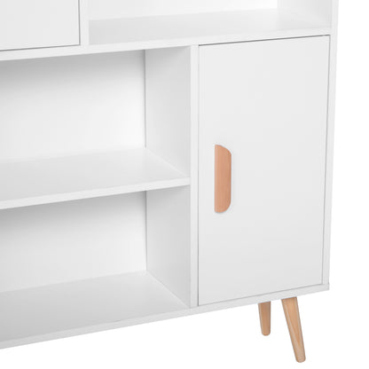 Scandinavian Bookcase 4 Shelves + 2 Cupboards with Adjustable Shelf dim. 80L x 24W x 123H cm Tapered Inclined Legs Solid Pine Particle Boards White