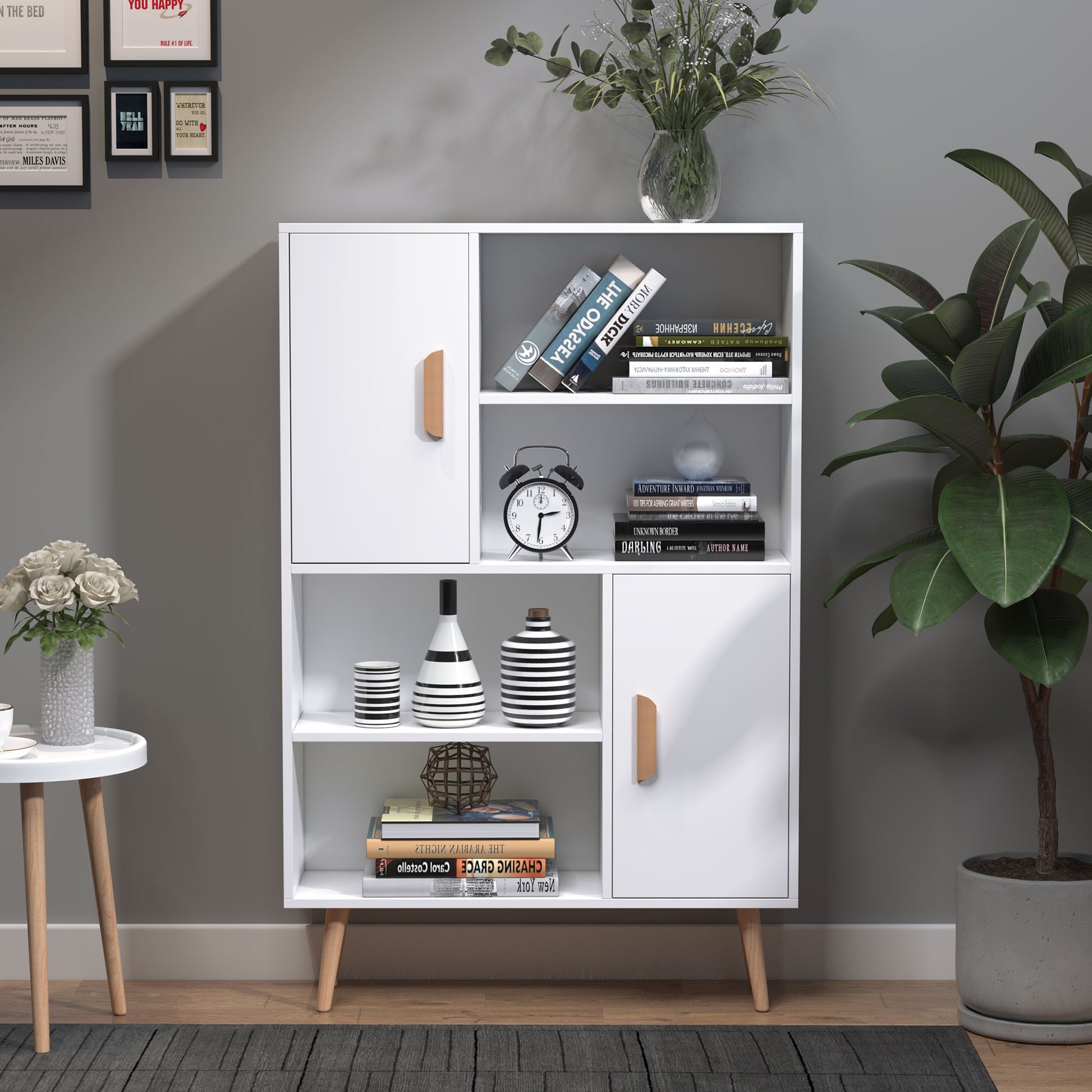 Scandinavian Bookcase 4 Shelves + 2 Cupboards with Adjustable Shelf dim. 80L x 24W x 123H cm Tapered Inclined Legs Solid Pine Particle Boards White
