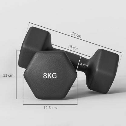 SPORTNOW Set of 2 Hexagonal Dumbbells 2x8 kg in Metal and Plastic, 2 Dumbbell Weights with Non-Slip Grip, 24x11x11 cm, Black
