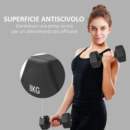 SPORTNOW Set of 2 Hexagonal Dumbbells 2x8 kg in Metal and Plastic, 2 Dumbbell Weights with Non-Slip Grip, 24x11x11 cm, Black