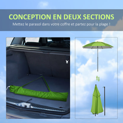 Beach Umbrella Outdoor Round Tiltable Metal UV30 Protection, 8 Steel Ribs and Carrying Bag Included, Ø185 cm, Green