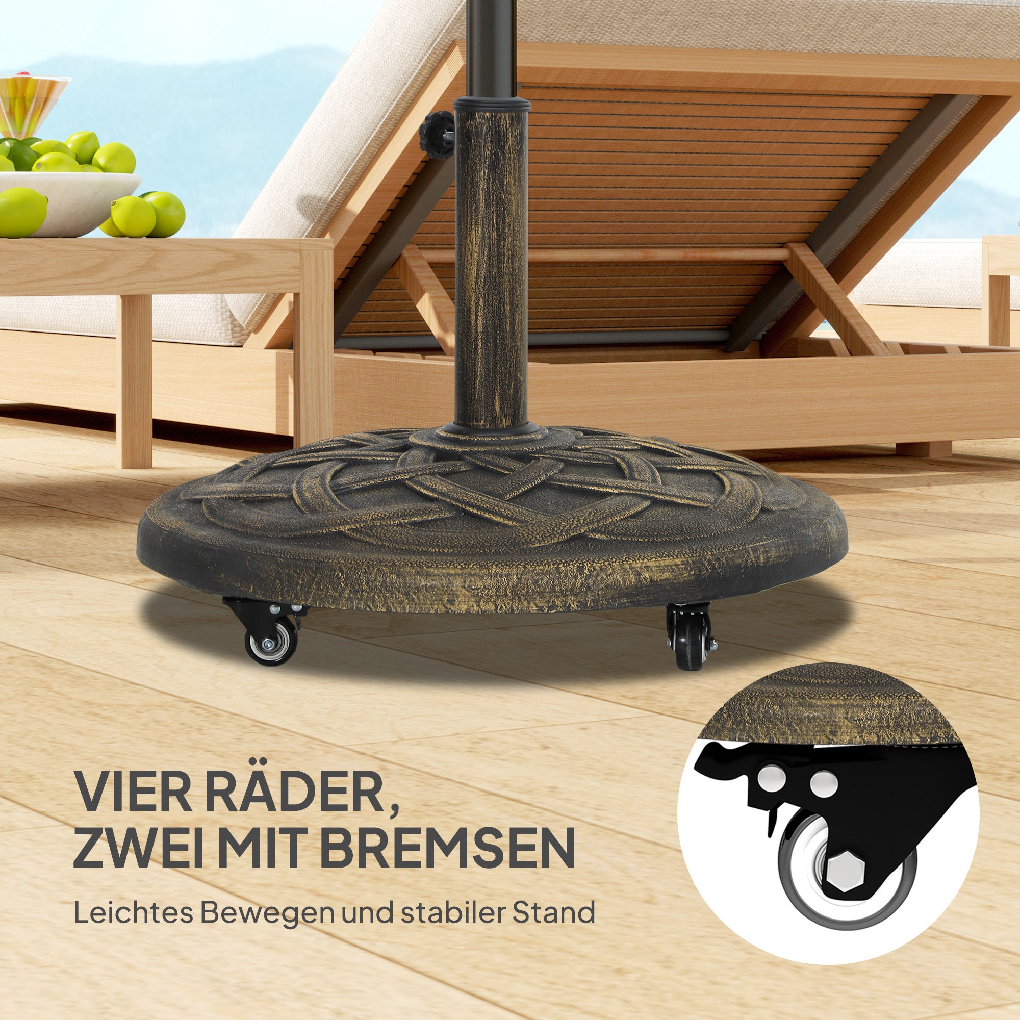 Concrete Umbrella Stand with Wheels, Round Umbrella Holder, Umbrella Weight, Stand for Umbrella 34/38/48mm Pole Diameter, for Balcony, Terrace, Garden, Bronze