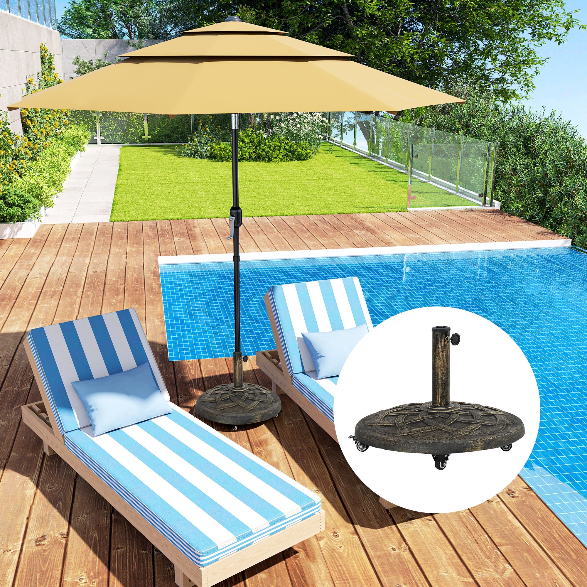 Concrete Umbrella Stand with Wheels, Round Umbrella Holder, Umbrella Weight, Stand for Umbrella 34/38/48mm Pole Diameter, for Balcony, Terrace, Garden, Bronze
