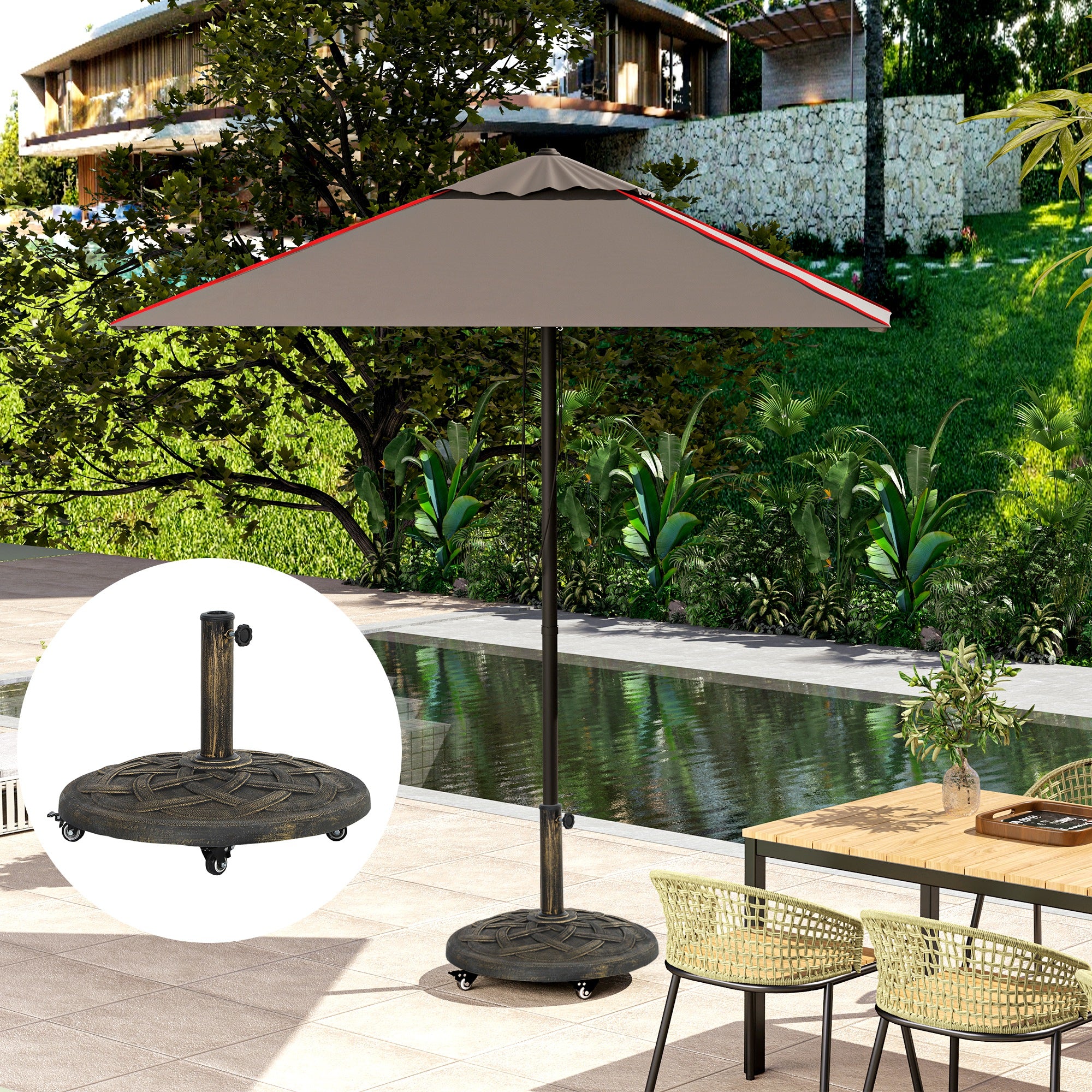 Concrete Umbrella Stand with Wheels, Round Umbrella Holder, Umbrella Weight, Stand for Umbrella 34/38/48mm Pole Diameter, for Balcony, Terrace, Garden, Bronze
