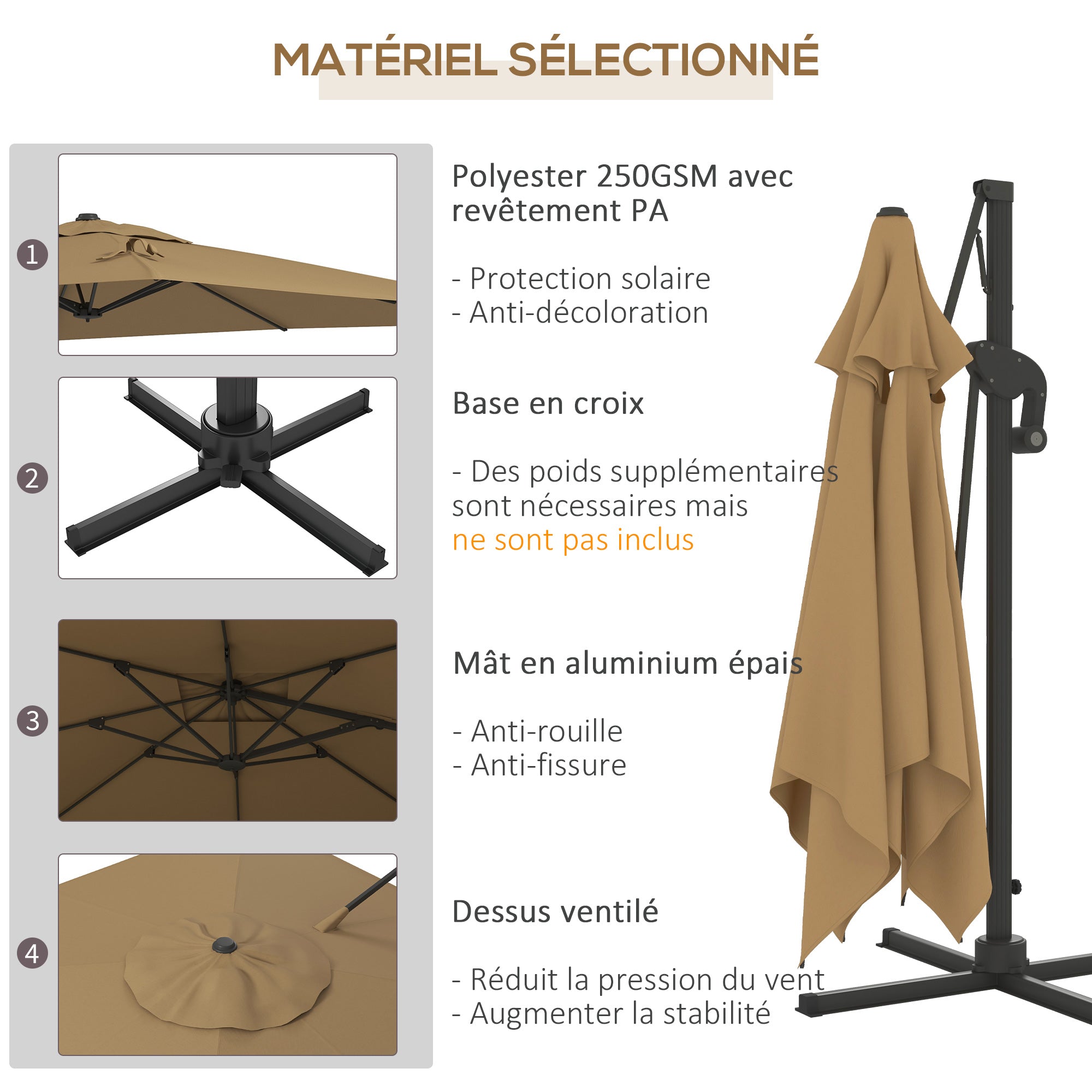 Offset Parasol with Hydraulic Mechanism Outdoor Garden Square Rotating 360° Base and Cross Arm Aluminum Mast dim. 3L x 2.6W m High Density Polyester Khaki