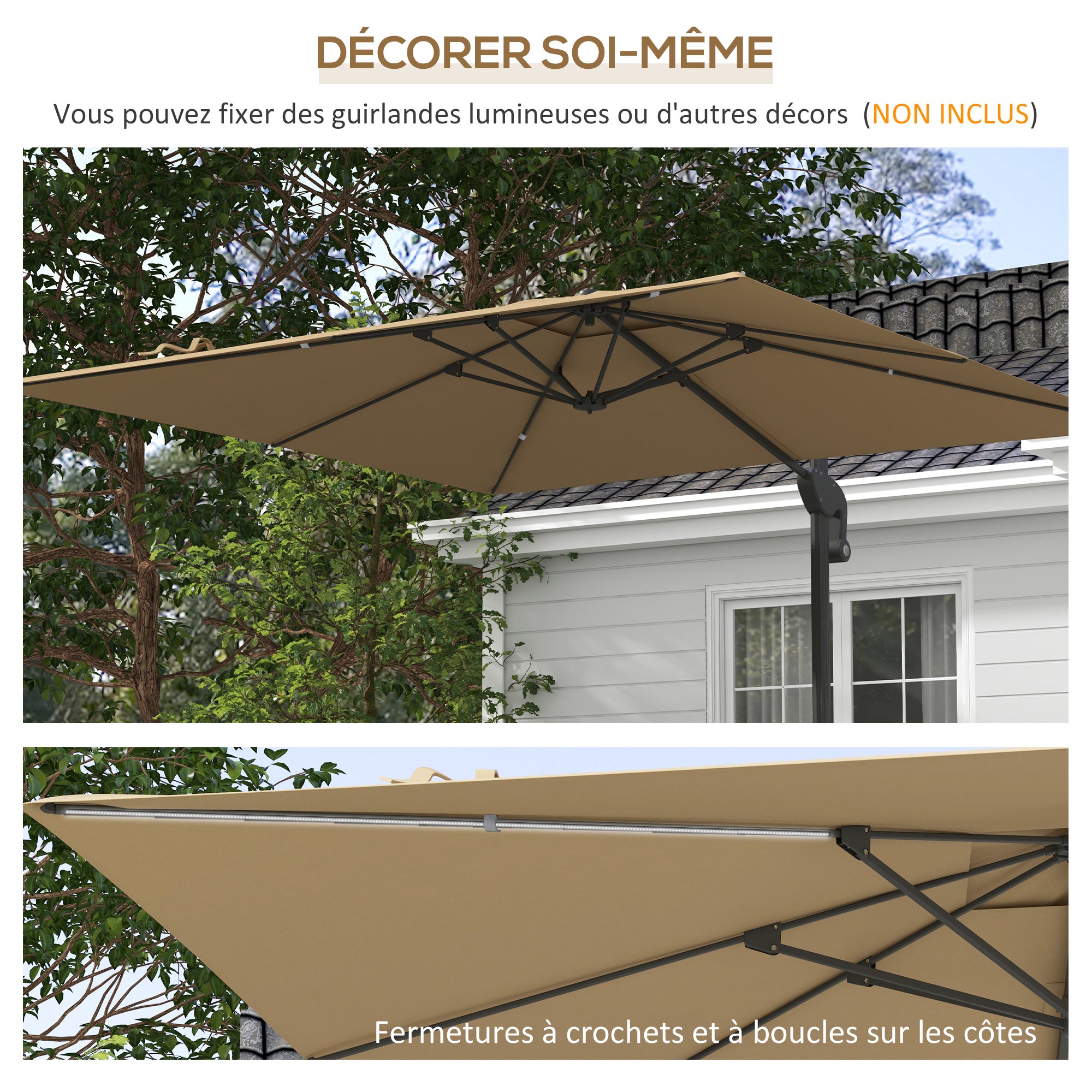 Offset Parasol with Hydraulic Mechanism Outdoor Garden Square Rotating 360° Base and Cross Arm Aluminum Mast dim. 3L x 2.6W m High Density Polyester Khaki