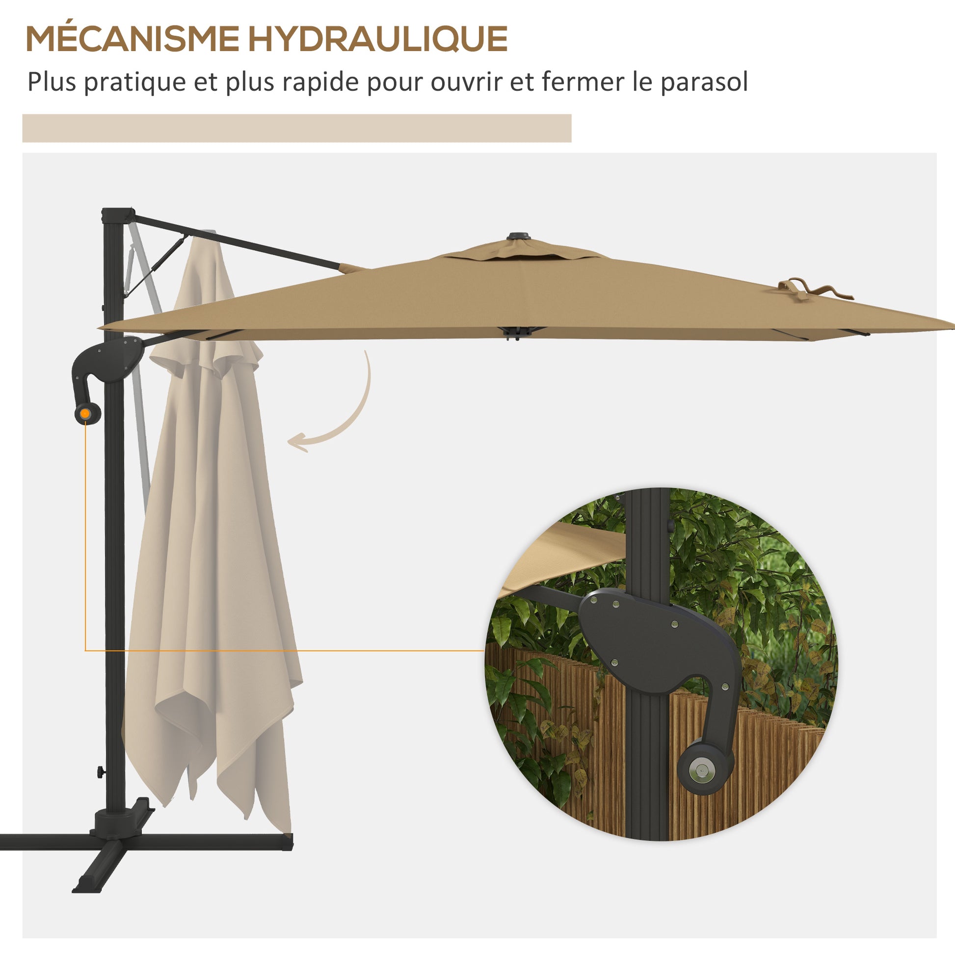 Offset Parasol with Hydraulic Mechanism Outdoor Garden Square Rotating 360° Base and Cross Arm Aluminum Mast dim. 3L x 2.6W m High Density Polyester Khaki