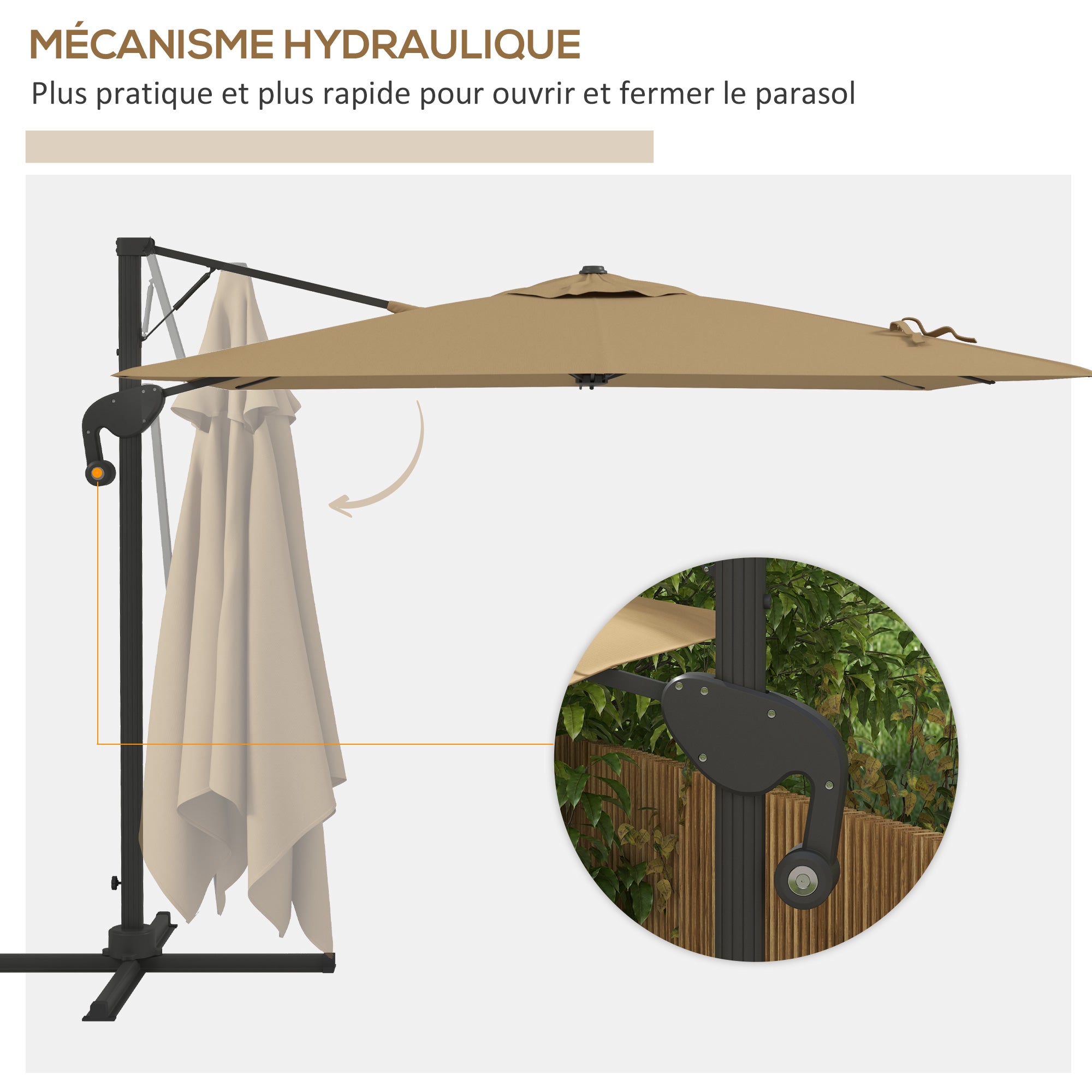 Offset Parasol with Hydraulic Mechanism Outdoor Garden Square Rotating 360° Base and Cross Arm Aluminum Mast dim. 3L x 2.6W m High Density Polyester Khaki