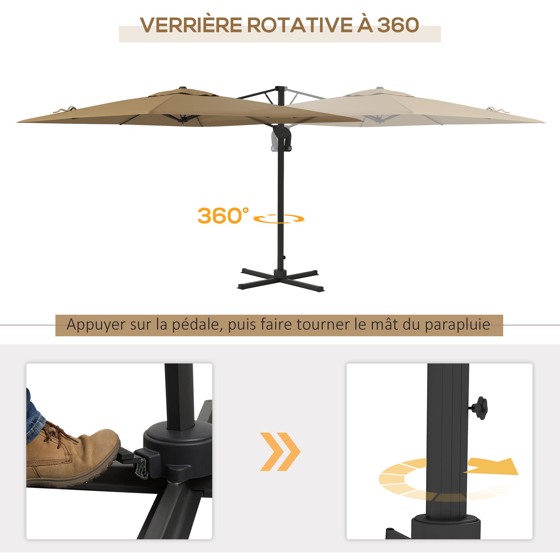 Offset Parasol with Hydraulic Mechanism Outdoor Garden Square Rotating 360° Base and Cross Arm Aluminum Mast dim. 3L x 2.6W m High Density Polyester Khaki