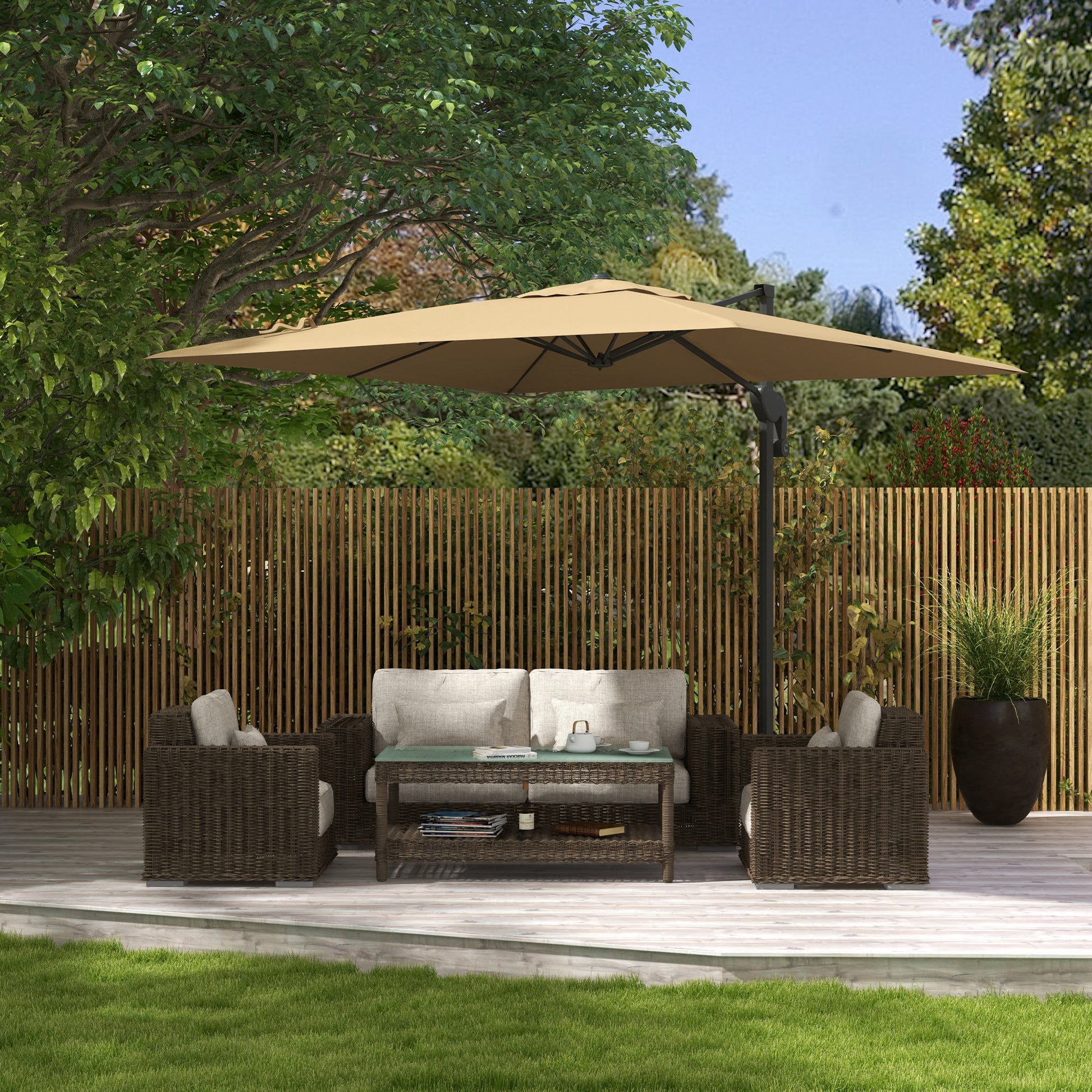 Offset Parasol with Hydraulic Mechanism Outdoor Garden Square Rotating 360° Base and Cross Arm Aluminum Mast dim. 3L x 2.6W m High Density Polyester Khaki