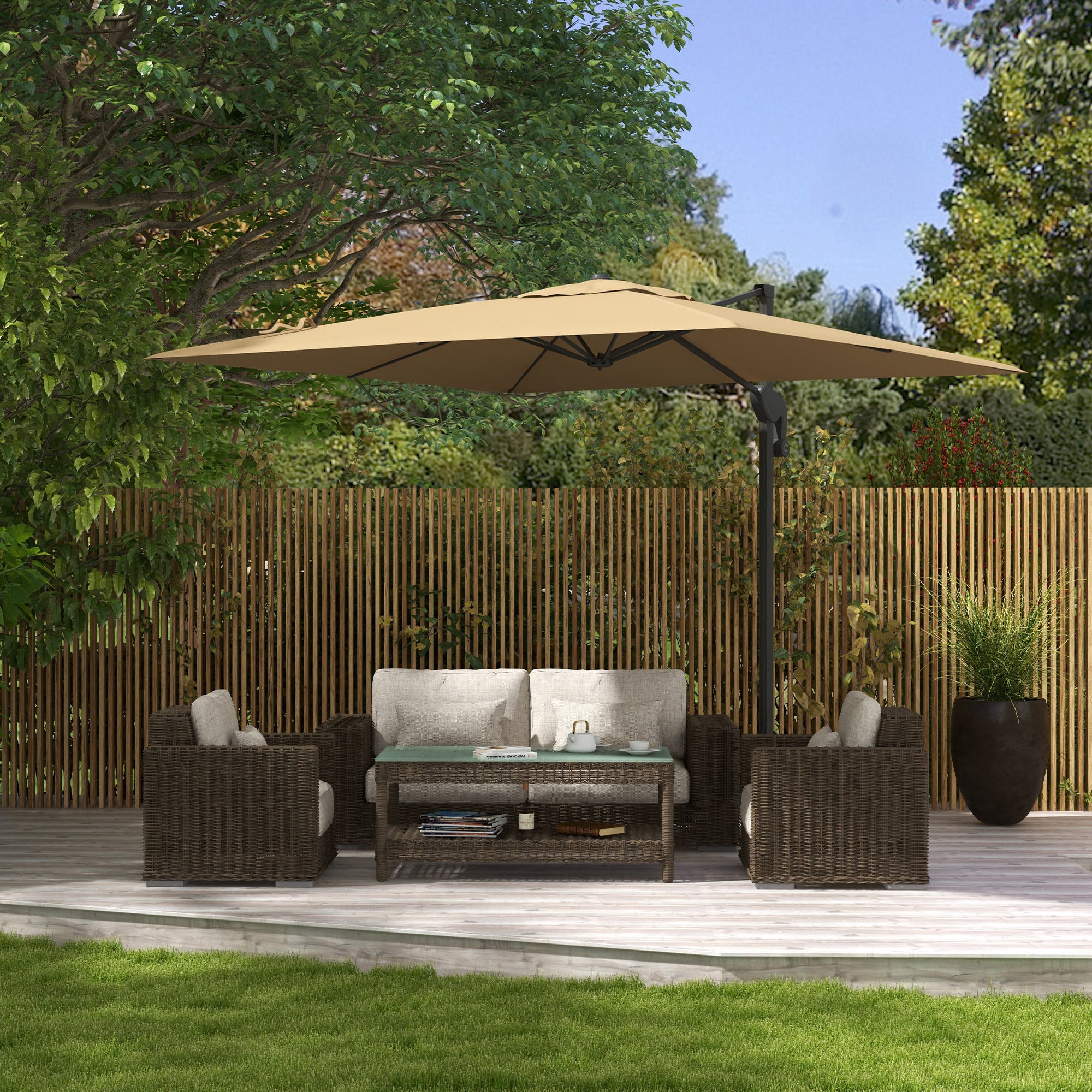 Offset Parasol with Hydraulic Mechanism Outdoor Garden Square Rotating 360° Base and Cross Arm Aluminum Mast dim. 3L x 2.6W m High Density Polyester Khaki
