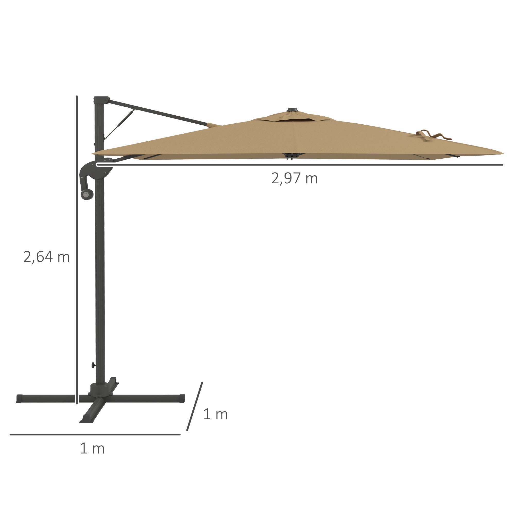 Offset Parasol with Hydraulic Mechanism Outdoor Garden Square Rotating 360° Base and Cross Arm Aluminum Mast dim. 3L x 2.6W m High Density Polyester Khaki