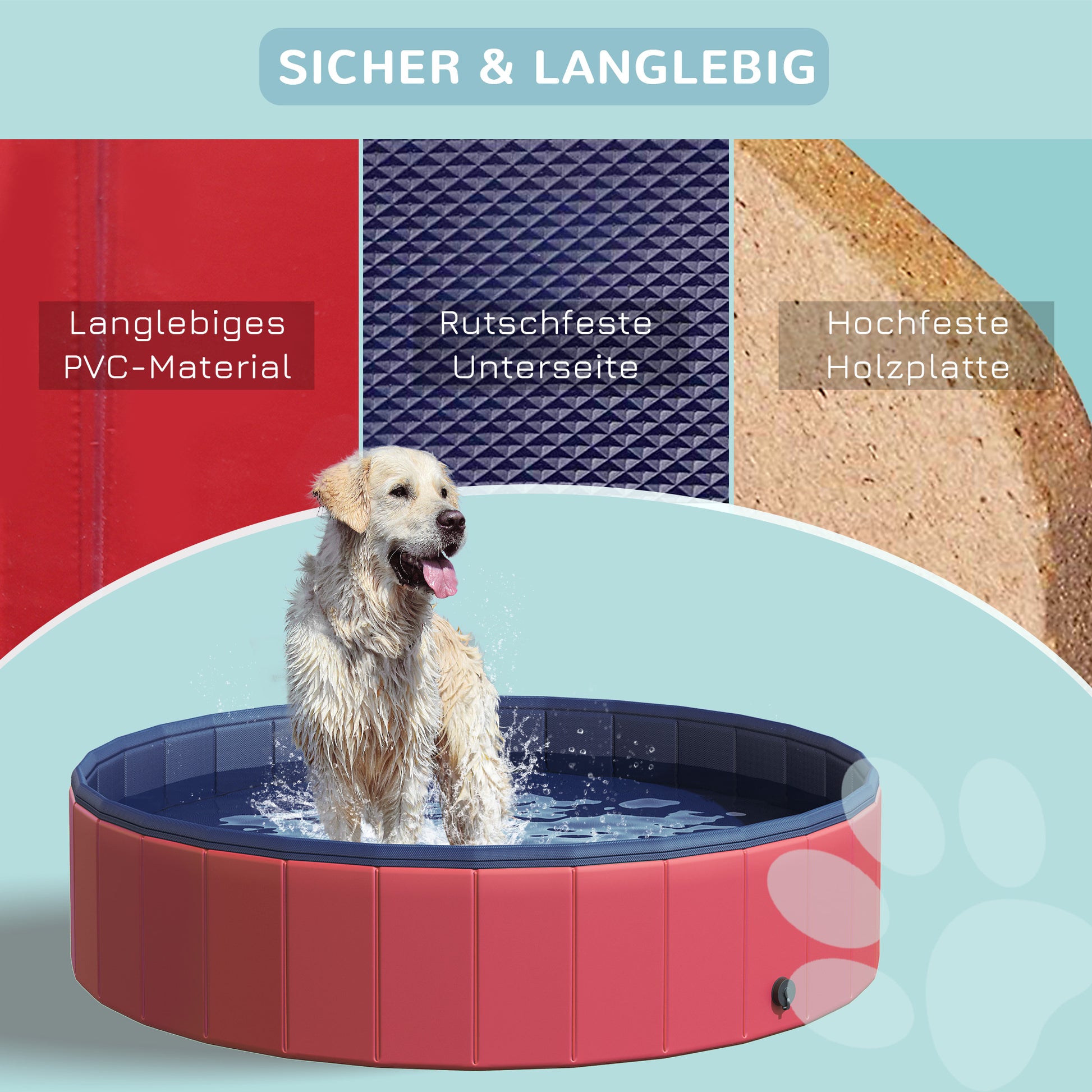 Dog Bath Tub Foldable Bathtub Dog Pool Splash Pool Swimming Pool Water Basin for Dogs and Cats Swim Pool Plastic+Wood Red Ø140 x H30 cm