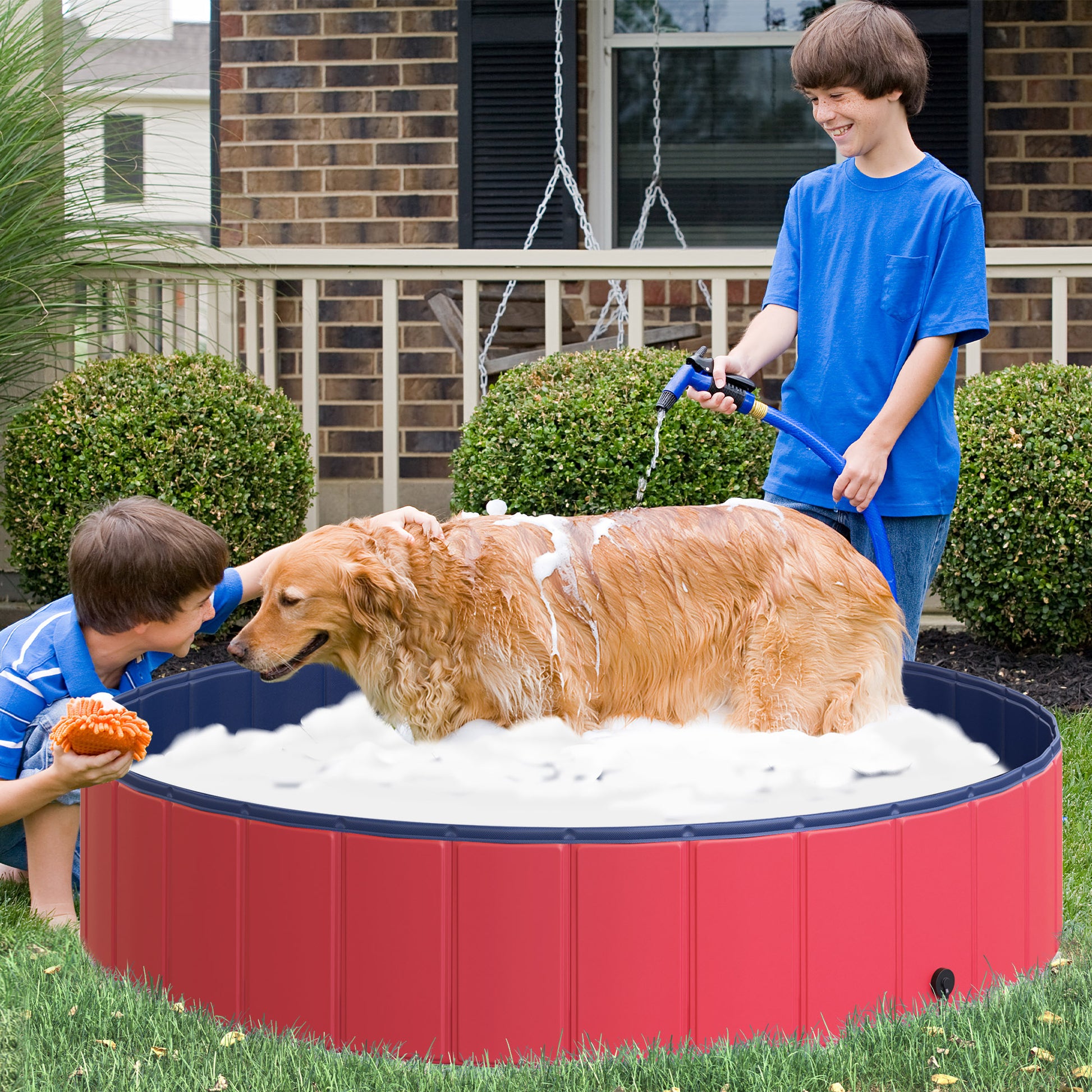 Dog Bath Tub Foldable Bathtub Dog Pool Splash Pool Swimming Pool Water Basin for Dogs and Cats Swim Pool Plastic+Wood Red Ø140 x H30 cm