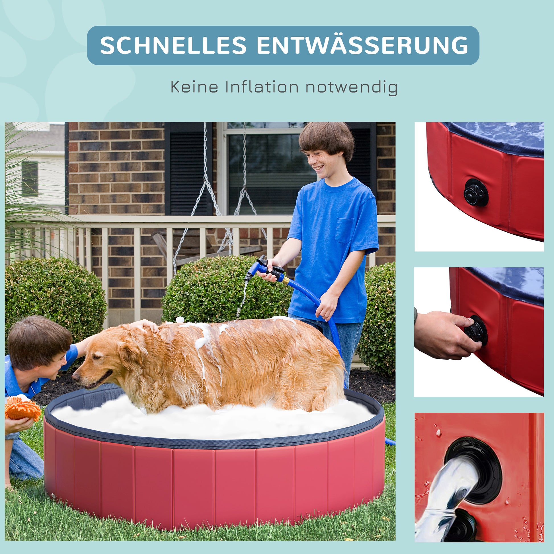 Dog Bath Tub Foldable Bathtub Dog Pool Splash Pool Swimming Pool Water Basin for Dogs and Cats Swim Pool Plastic+Wood Red Ø140 x H30 cm