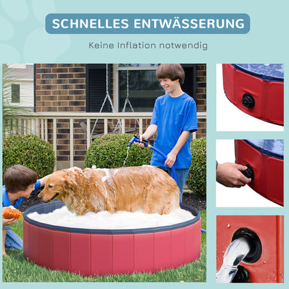 Dog Bath Tub Foldable Bathtub Dog Pool Splash Pool Swimming Pool Water Basin for Dogs and Cats Swim Pool Plastic+Wood Red Ø140 x H30 cm