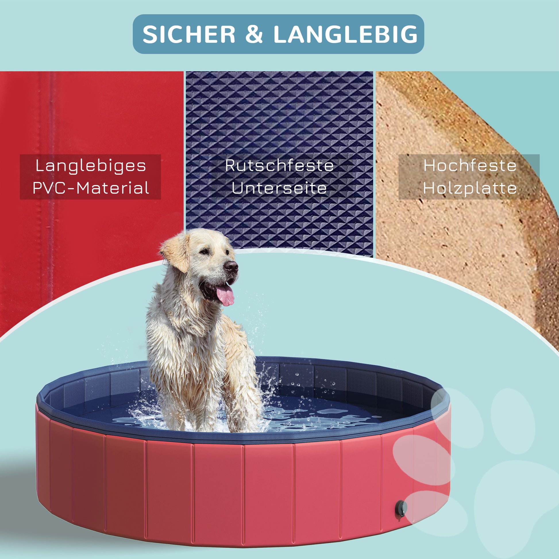Dog Bath Tub Foldable Bathtub Dog Pool Splash Pool Swimming Pool Water Basin for Dogs and Cats Swim Pool Plastic+Wood Red Ø140 x H30 cm