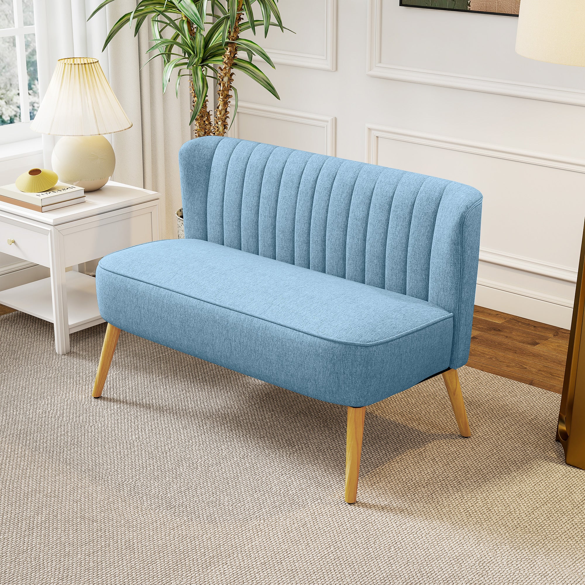 2-Seater Loveseat Sofa, Compact Linen-Look Upholstered Couch for Living Room, Bedroom, Small Spaces — Blue, 46.1 x 22.2 x 30.3 in
