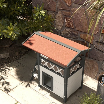 Cat House with Asphalt Roof, 2-Story, Cat Cottage with Balcony, Cat Villa with Stairs, Solid Wood, White, 77 x 50 x 73 cm