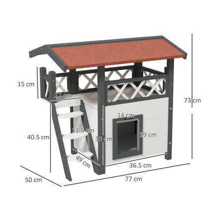 Cat House with Asphalt Roof, 2-Story, Cat Cottage with Balcony, Cat Villa with Stairs, Solid Wood, White, 77 x 50 x 73 cm