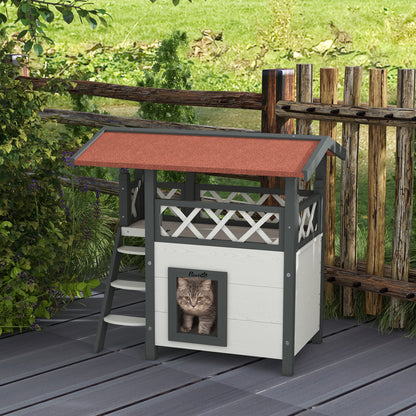 Cat House with Asphalt Roof, 2-Story, Cat Cottage with Balcony, Cat Villa with Stairs, Solid Wood, White, 77 x 50 x 73 cm