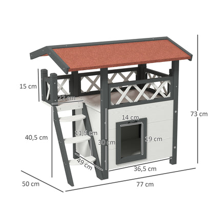 Cat House with Asphalt Roof, 2-Story, Cat Cottage with Balcony, Cat Villa with Stairs, Solid Wood, White, 77 x 50 x 73 cm
