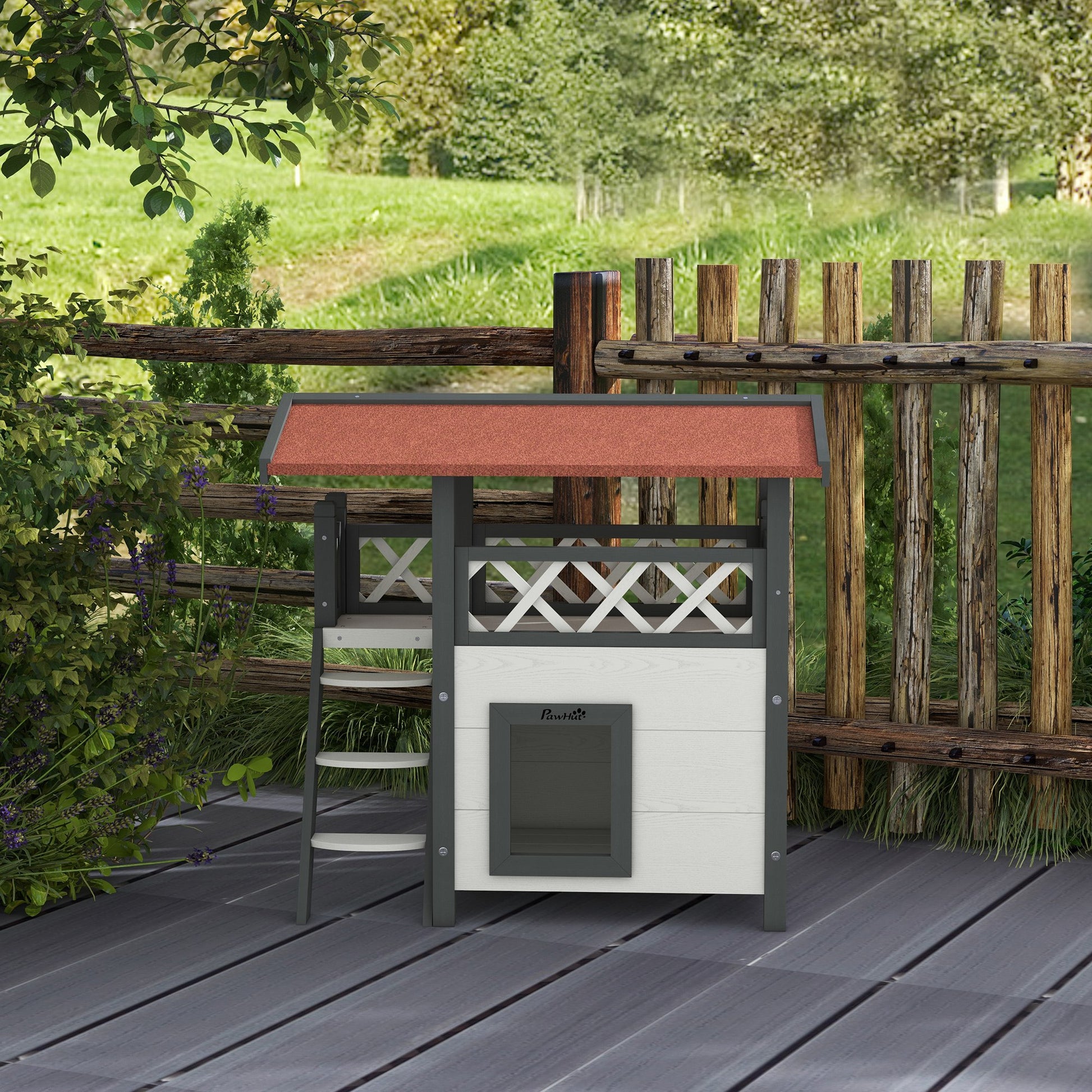 Cat House with Asphalt Roof, 2-Story, Cat Cottage with Balcony, Cat Villa with Stairs, Solid Wood, White, 77 x 50 x 73 cm