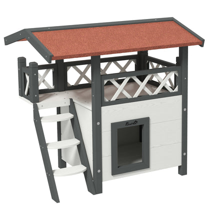 Cat House with Asphalt Roof, 2-Story, Cat Cottage with Balcony, Cat Villa with Stairs, Solid Wood, White, 77 x 50 x 73 cm