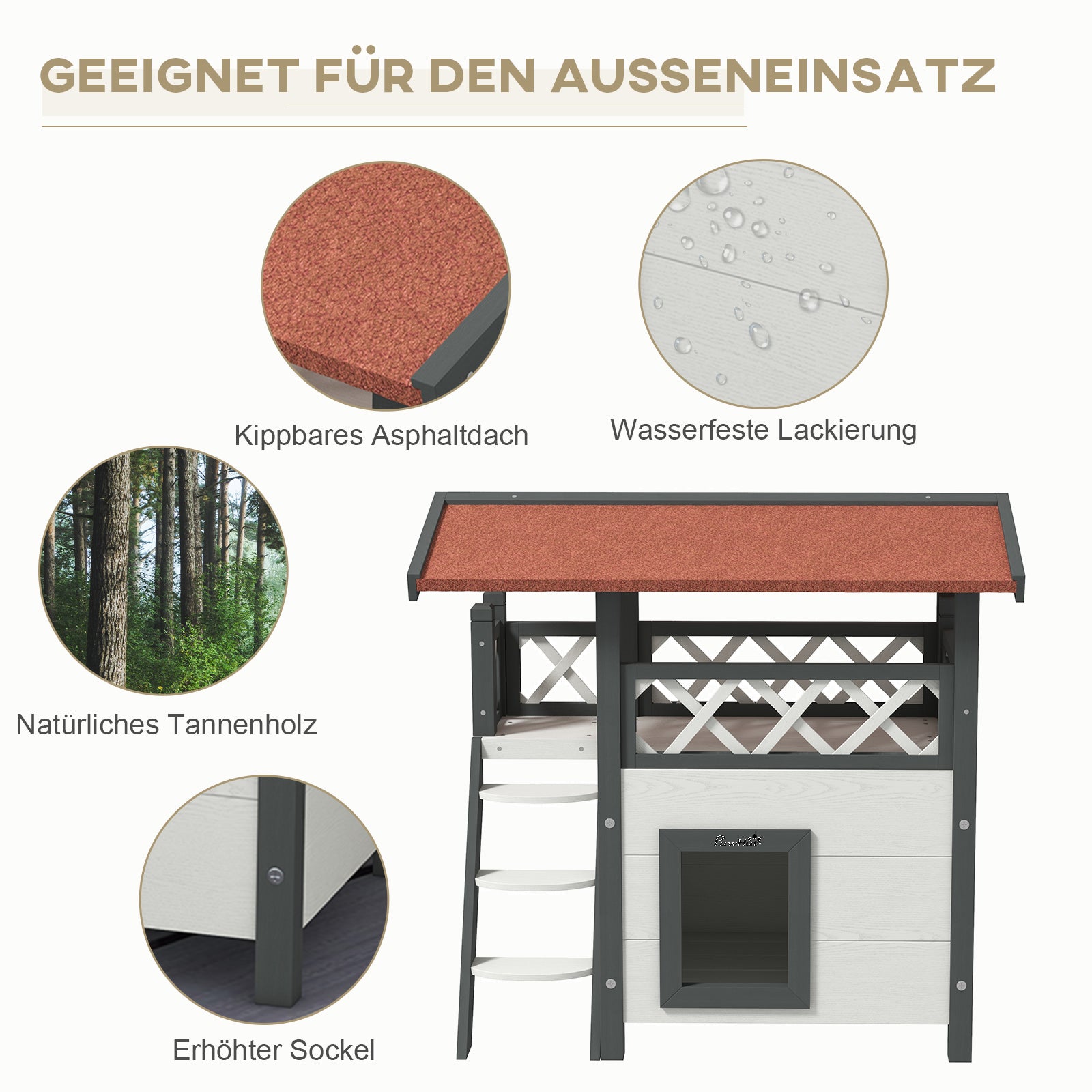 Cat House with Asphalt Roof, 2-Story, Cat Cottage with Balcony, Cat Villa with Stairs, Solid Wood, White, 77 x 50 x 73 cm
