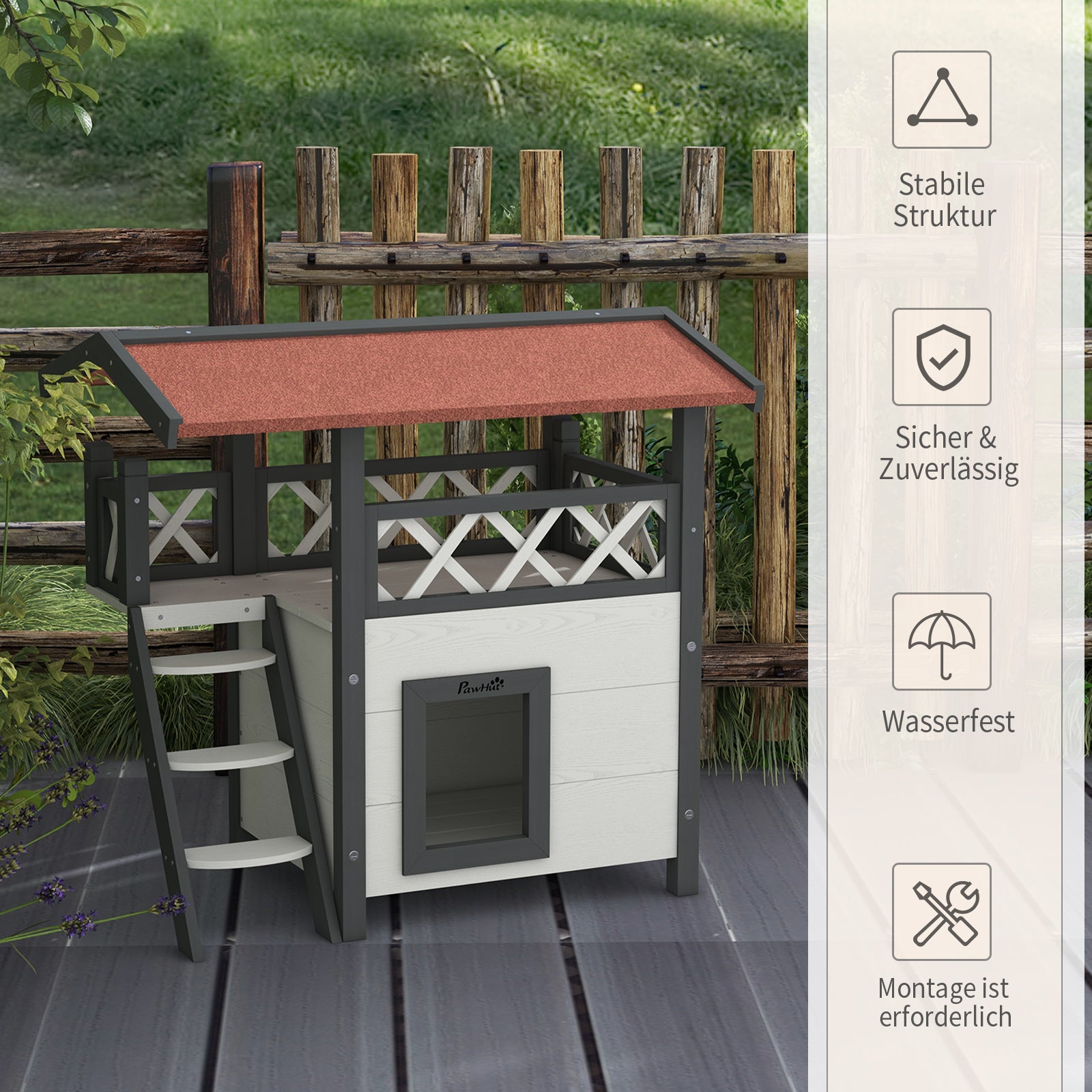 Cat House with Asphalt Roof, 2-Story, Cat Cottage with Balcony, Cat Villa with Stairs, Solid Wood, White, 77 x 50 x 73 cm