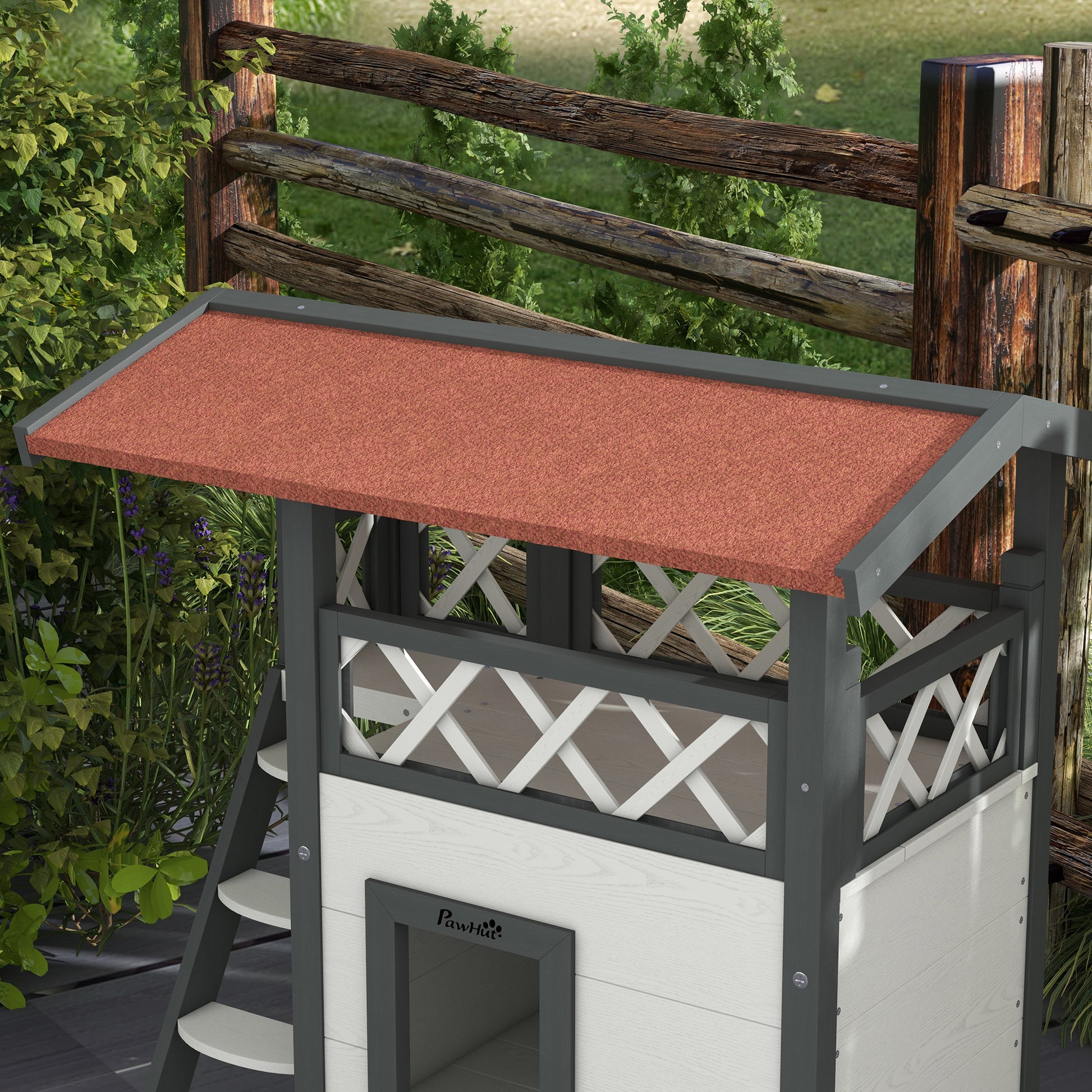 Cat House with Asphalt Roof, 2-Story, Cat Cottage with Balcony, Cat Villa with Stairs, Solid Wood, White, 77 x 50 x 73 cm