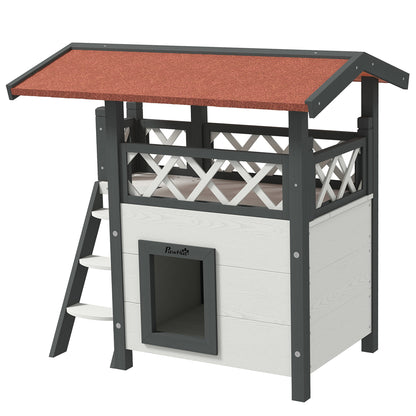Cat House with Asphalt Roof, 2-Story, Cat Cottage with Balcony, Cat Villa with Stairs, Solid Wood, White, 77 x 50 x 73 cm