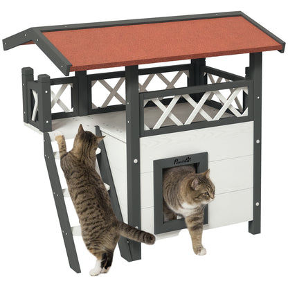 Cat House with Asphalt Roof, 2-Story, Cat Cottage with Balcony, Cat Villa with Stairs, Solid Wood, White, 77 x 50 x 73 cm