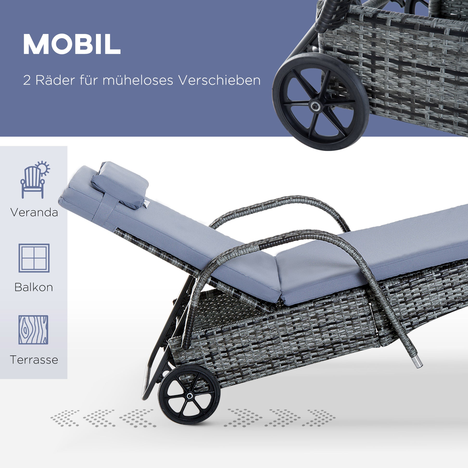 Sun Lounger Garden Lounger Table 3-Piece Set Garden Furniture, Polyrattan+Metal Grey