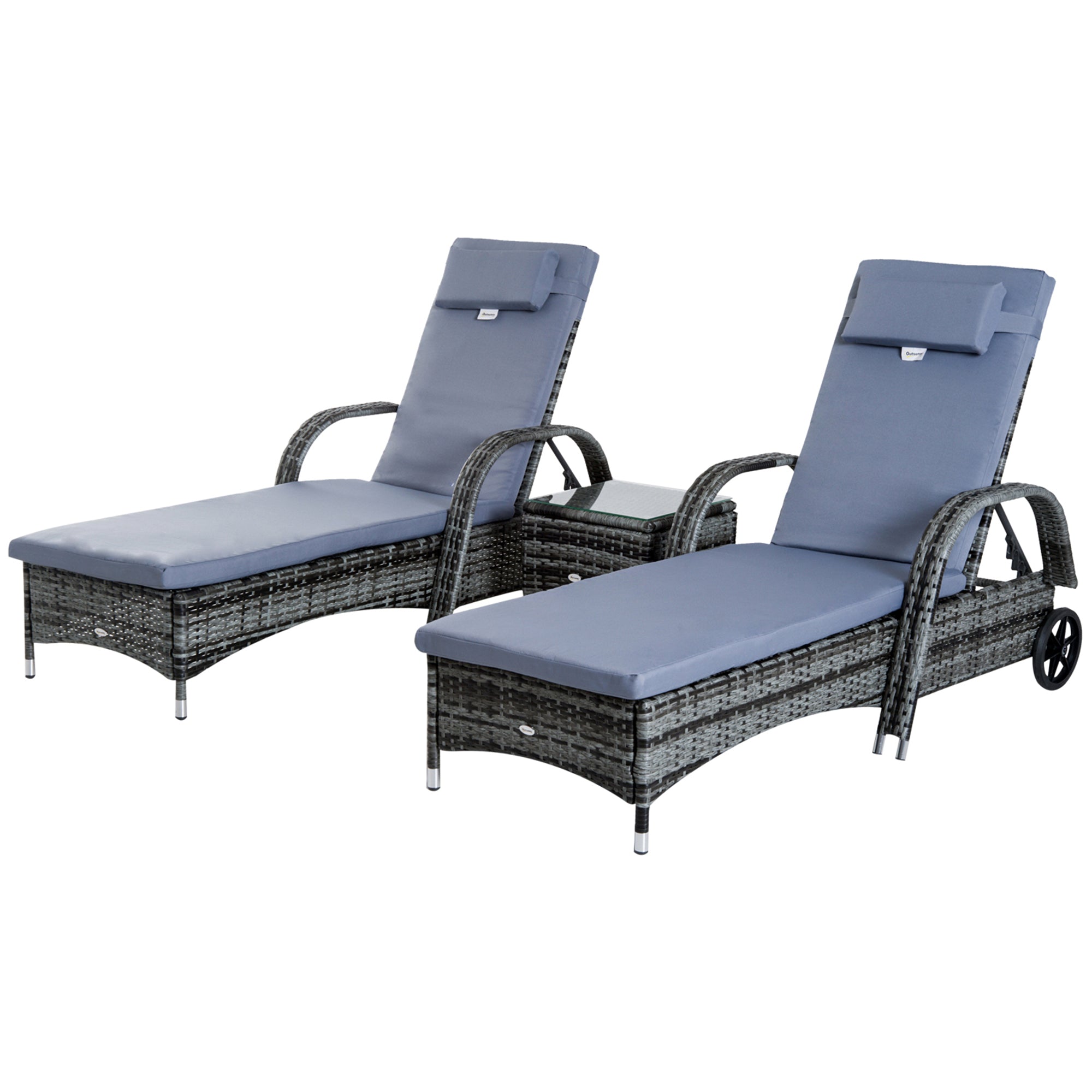 Sun Lounger Garden Lounger Table 3-Piece Set Garden Furniture, Polyrattan+Metal Grey