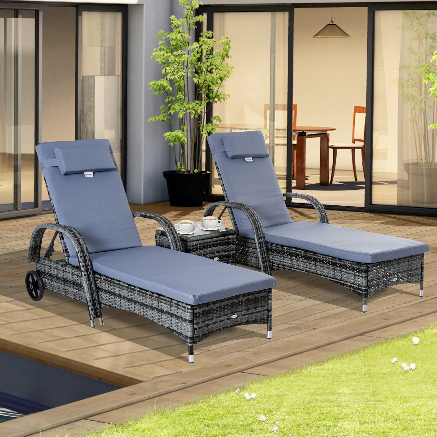 Sun Lounger Garden Lounger Table 3-Piece Set Garden Furniture, Polyrattan+Metal Grey