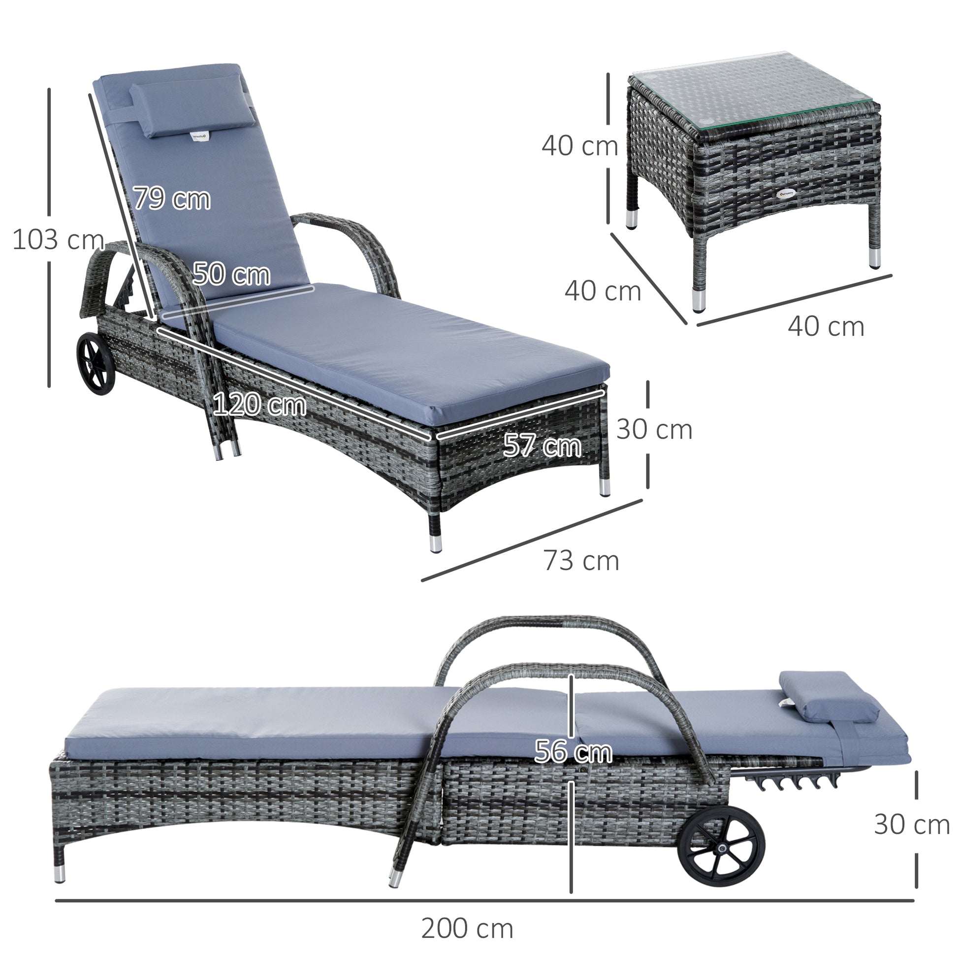 Sun Lounger Garden Lounger Table 3-Piece Set Garden Furniture, Polyrattan+Metal Grey