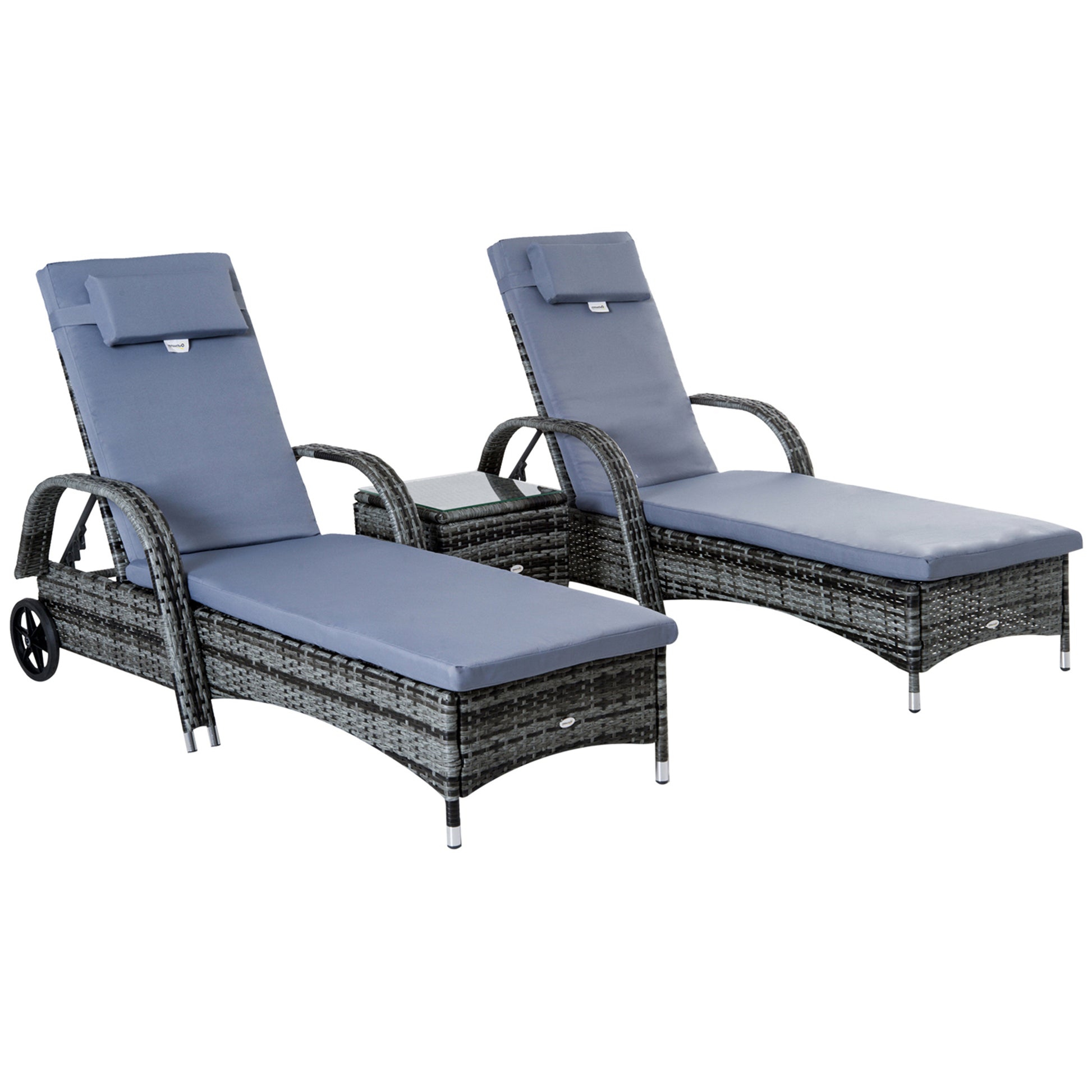 Sun Lounger Garden Lounger Table 3-Piece Set Garden Furniture, Polyrattan+Metal Grey
